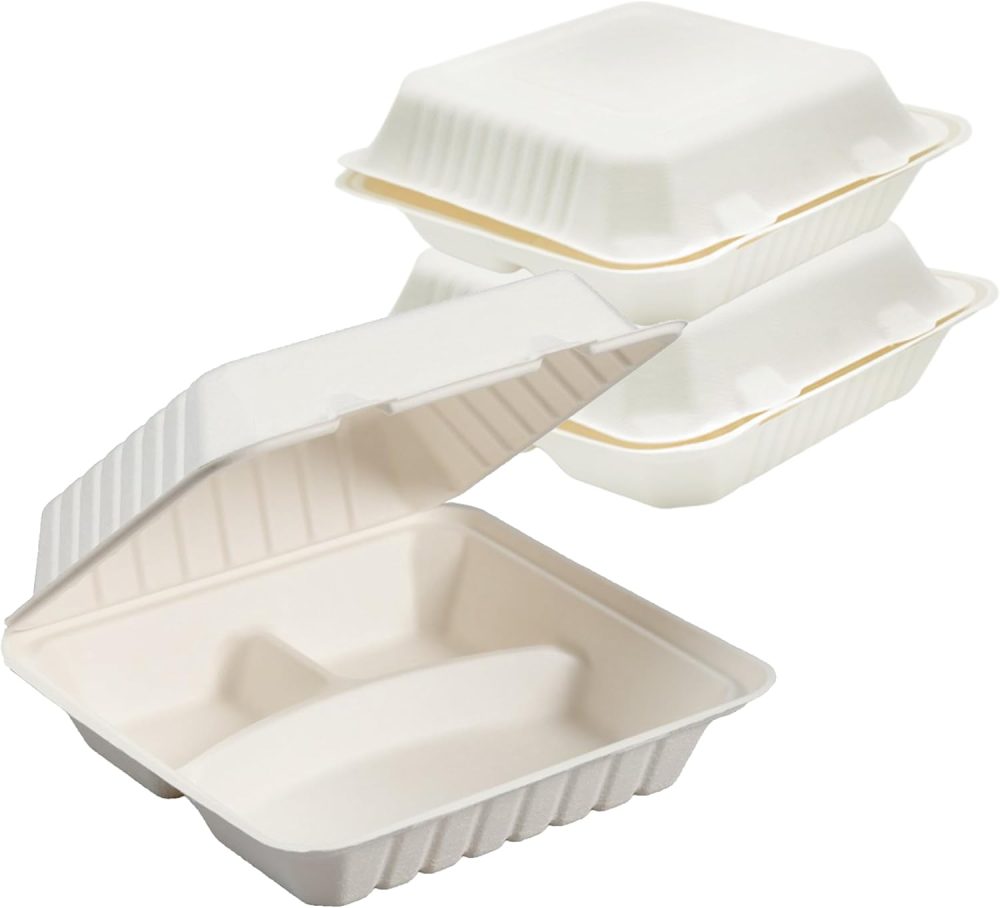 100% Compostable 3 Comp Take Out Food Containers 9x9. 25 Containers, Natural Disposable Bagasse, Eco-Friendly Biodegradable Made of Sugar Cane, Green (PW3comptbagasse-25ct)