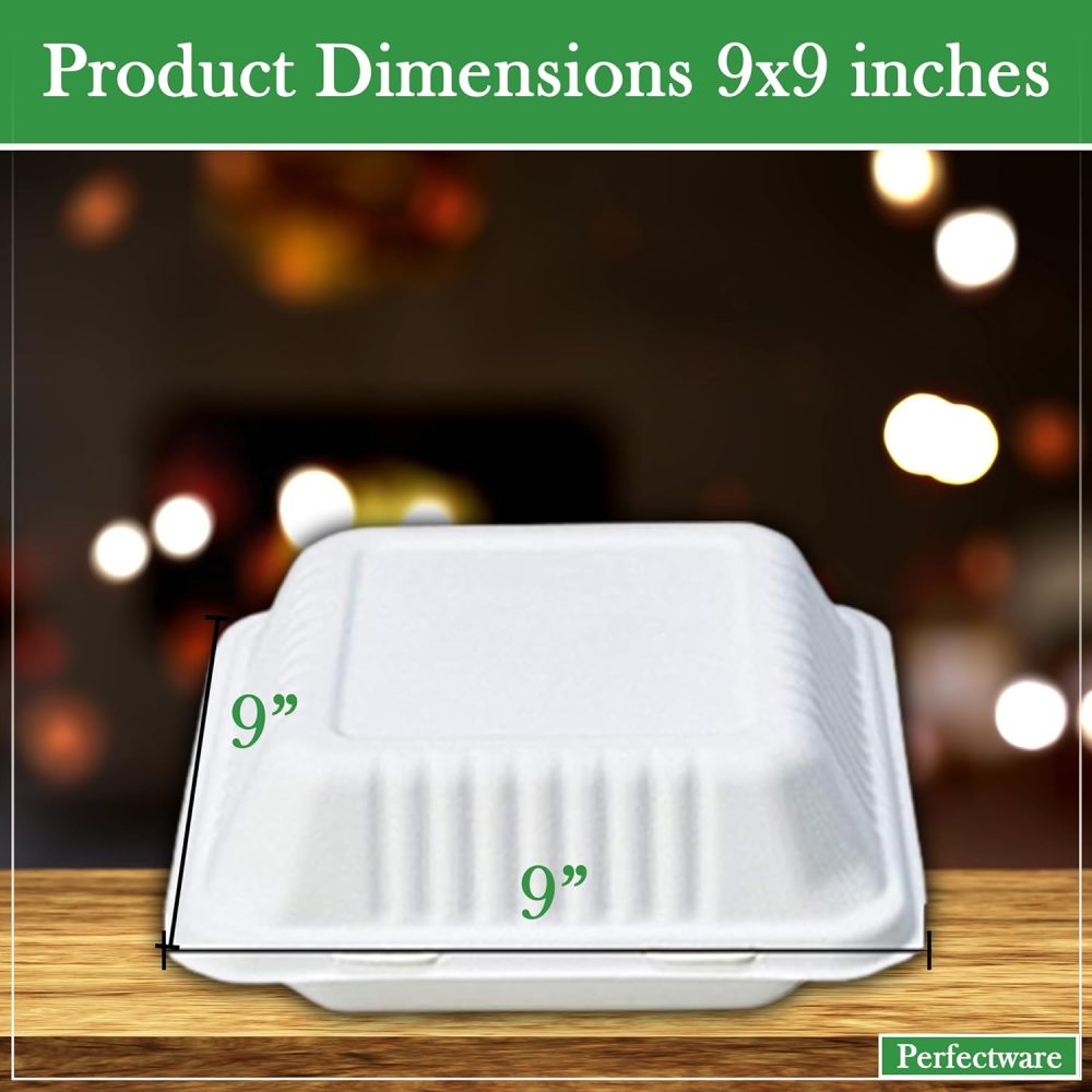 100% Compostable 3 Comp Take Out Food Containers 9x9. 25 Containers, Natural Disposable Bagasse, Eco-Friendly Biodegradable Made of Sugar Cane, Green (PW3comptbagasse-25ct) - Image 2