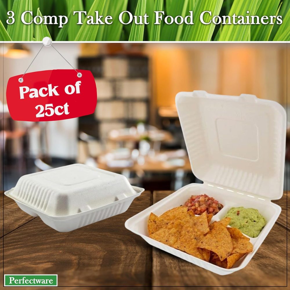 100% Compostable 3 Comp Take Out Food Containers 9x9. 25 Containers, Natural Disposable Bagasse, Eco-Friendly Biodegradable Made of Sugar Cane, Green (PW3comptbagasse-25ct) - Image 3