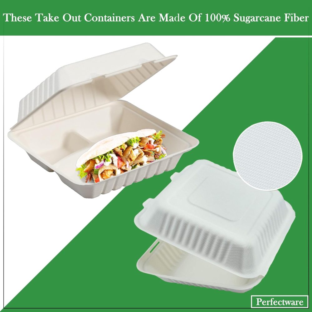 100% Compostable 3 Comp Take Out Food Containers 9x9. 25 Containers, Natural Disposable Bagasse, Eco-Friendly Biodegradable Made of Sugar Cane, Green (PW3comptbagasse-25ct) - Image 4