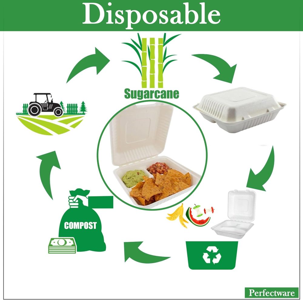 100% Compostable 3 Comp Take Out Food Containers 9x9. 25 Containers, Natural Disposable Bagasse, Eco-Friendly Biodegradable Made of Sugar Cane, Green (PW3comptbagasse-25ct) - Image 5