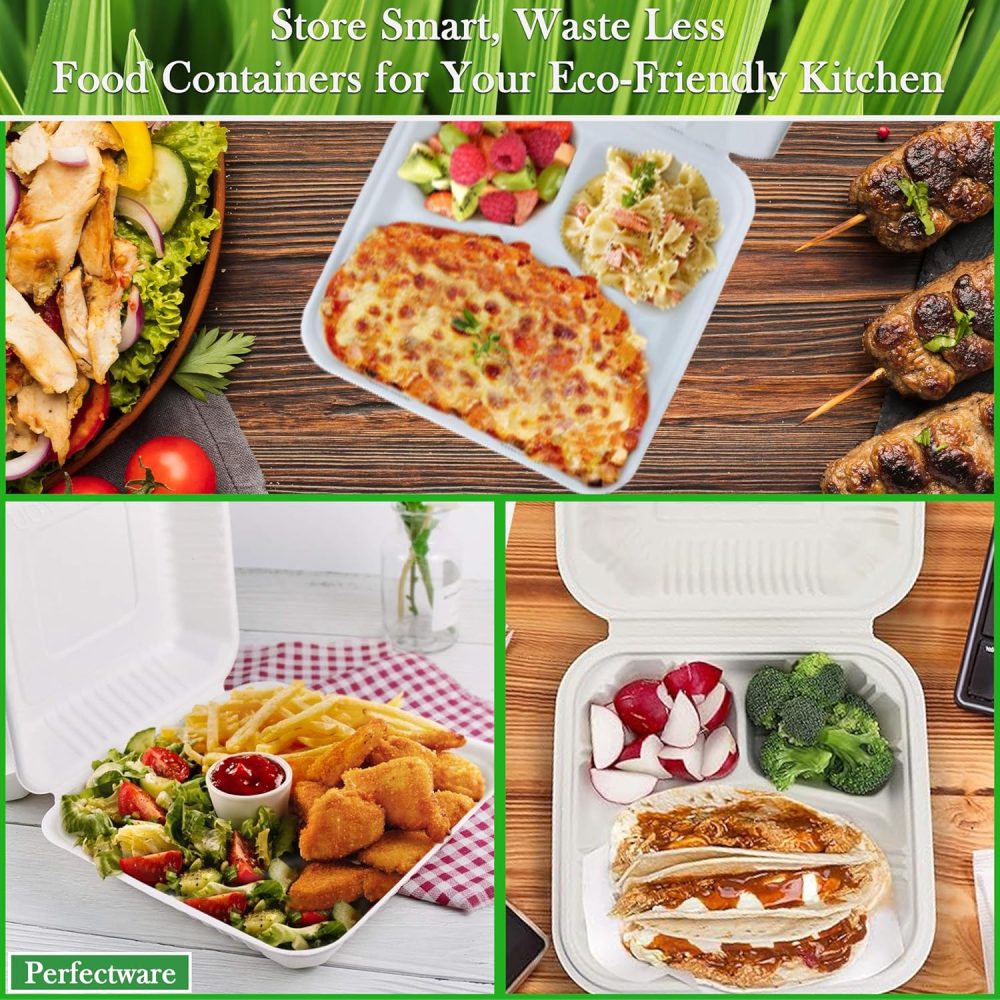 100% Compostable 3 Comp Take Out Food Containers 9x9. 25 Containers, Natural Disposable Bagasse, Eco-Friendly Biodegradable Made of Sugar Cane, Green (PW3comptbagasse-25ct) - Image 7