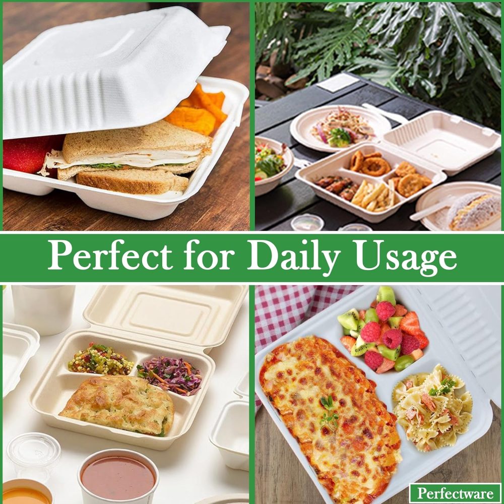 100% Compostable 3 Comp Take Out Food Containers 9x9. 25 Containers, Natural Disposable Bagasse, Eco-Friendly Biodegradable Made of Sugar Cane, Green (PW3comptbagasse-25ct) - Image 8