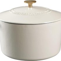 MARTHA STEWART Gatwick 7 QT Enamel Cast Iron Dutch Oven, Linen w/Gold Knob